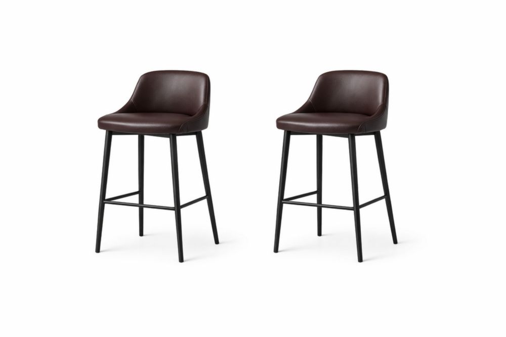 Set of 2 Brown Faux Leather Bar Stools with Black Metal Legs-Verdinella