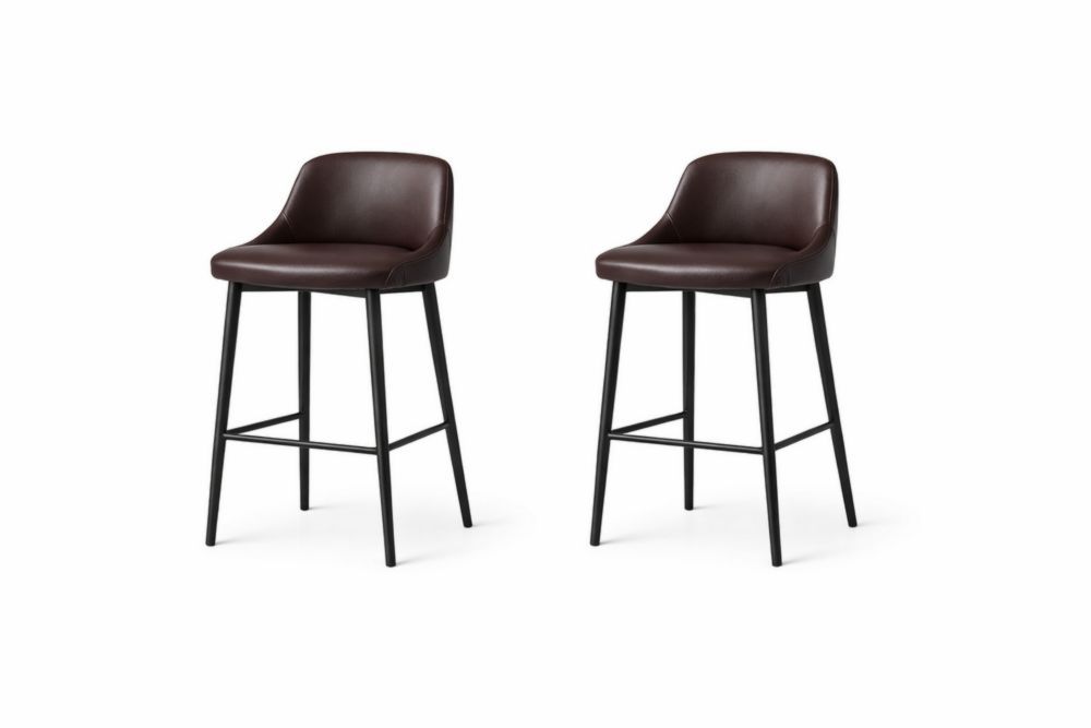 Set of 2 Brown Faux Leather Bar Stools with Black Metal Legs-Verdinella