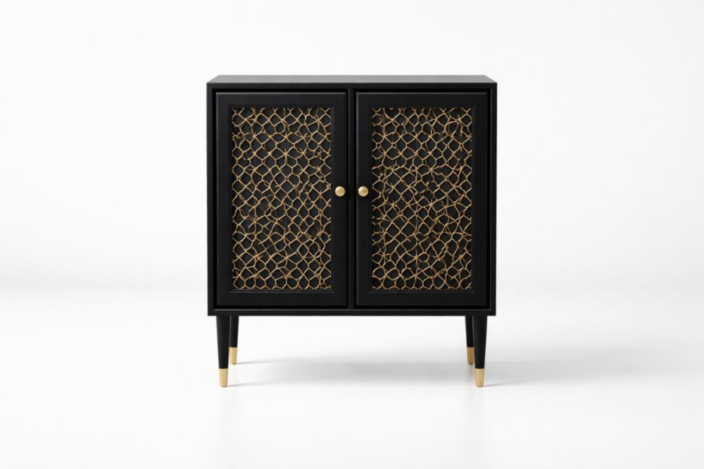 Black Two-Door Cabinet with Gold Lattice-Verdinella