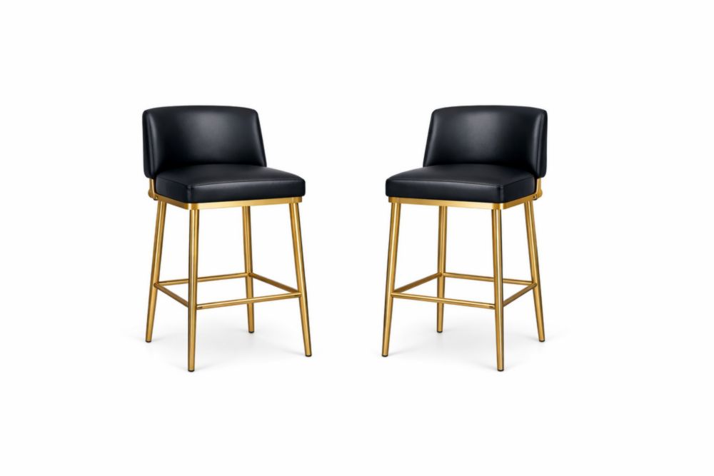 Set of 2 Black Faux Leather Bar Stools with Gold Metal Frame-Verdinella