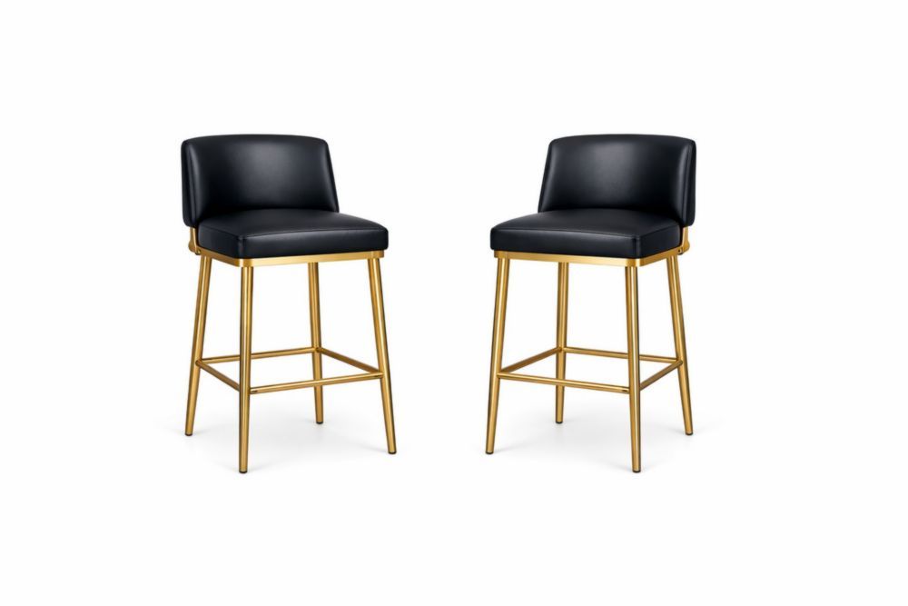 Set of 2 Black Faux Leather Bar Stools with Gold Metal Frame-Verdinella