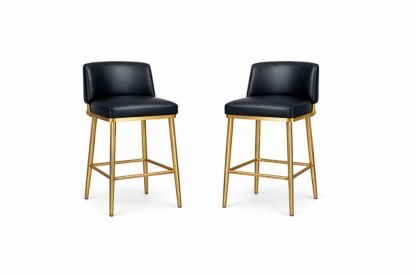 Set of 2 Black Faux Leather Bar Stools with Gold Metal Frame-Verdinella