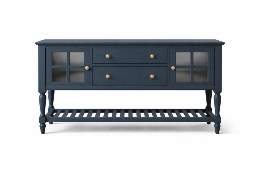 Wood Sideboard Navy Blue with Glass Doors and Drawers 120cm-Verdinella
