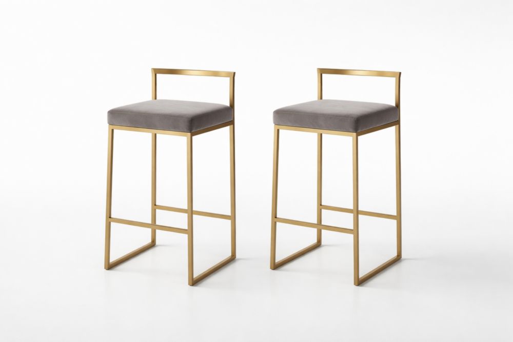 Set of 2 Metal Frame Bar Stools with Grey Fabric Cushions-Verdinella