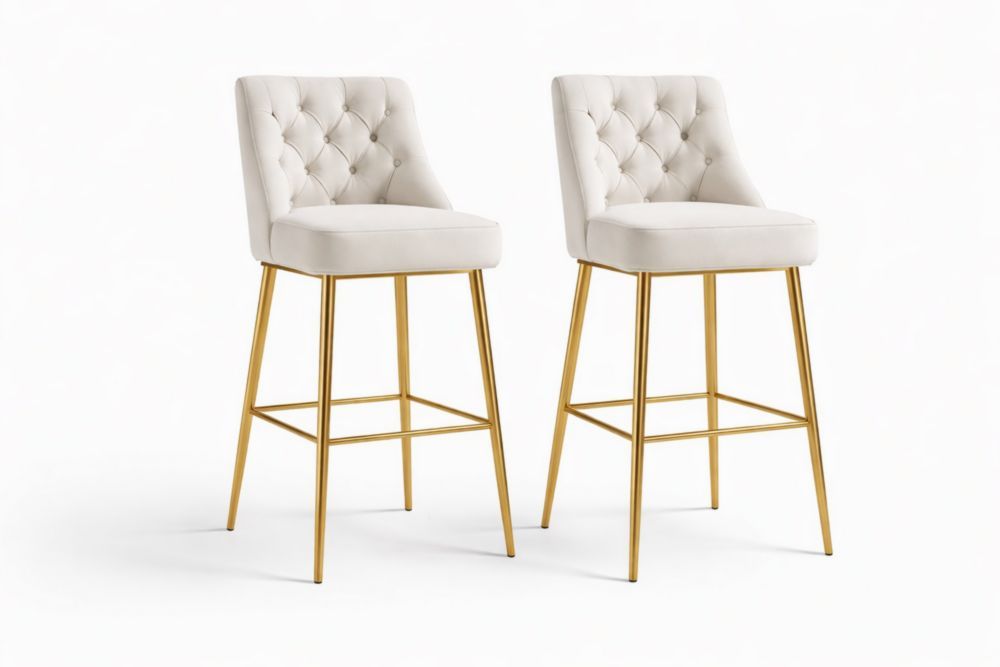 Set of 2 Velvet Upholstered Bar Stools with Tufted Backrest and Gold Legs-Verdinella