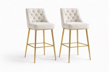 Set of 2 Velvet Upholstered Bar Stools with Tufted Backrest and Gold Legs-Verdinella