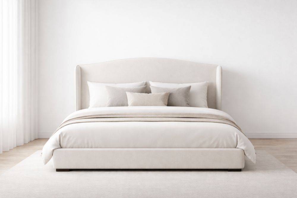 Upholstered Platform Bed Frame Beige with Headboard and Wooden Slats-Verdinella