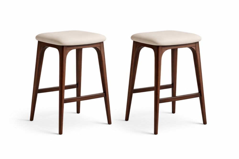 Set of 2 Square Walnut Bar Stools with Cream PU Leather Seat 76cm-Verdinella