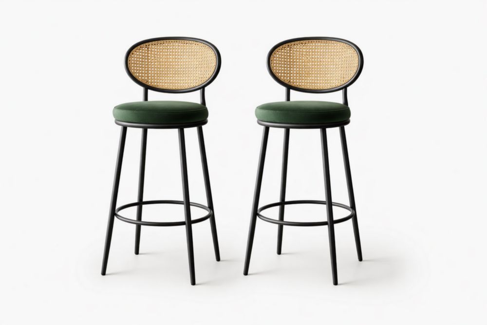 Bar Stool Set with Metal Frame and Cane Backrest in Green-Verdinella