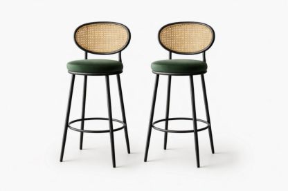 Bar Stool Set with Metal Frame and Cane Backrest in Green-Verdinella