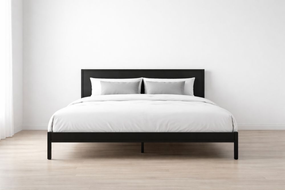 Black Wood Bed Frame with White Cotton Bedding-Verdinella