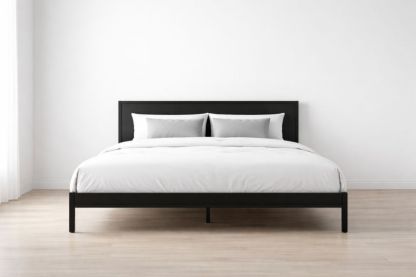 Black Wood Bed Frame with White Cotton Bedding-Verdinella
