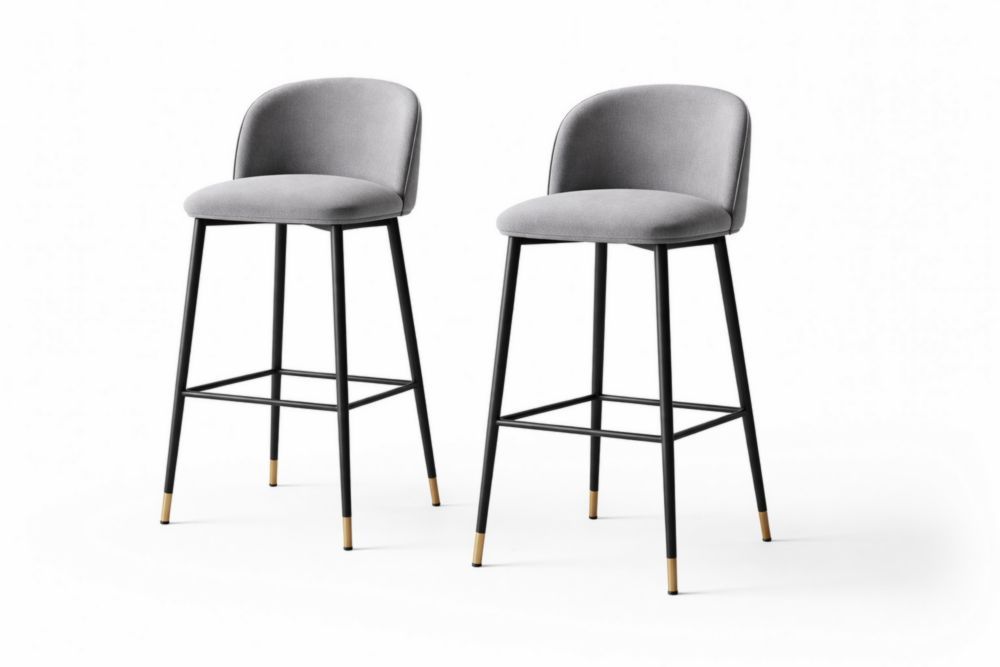 Set of 2 Grey Velvet Bar Stools with Black Metal Frame-Verdinella