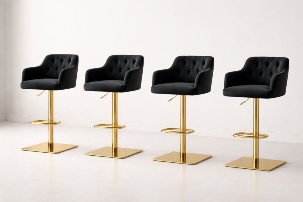 Set of 4 Black Velvet Bar Stools with Gold Metal Base