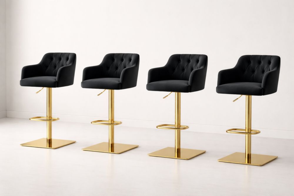Set of 4 Black Velvet Bar Stools with Gold Metal Base