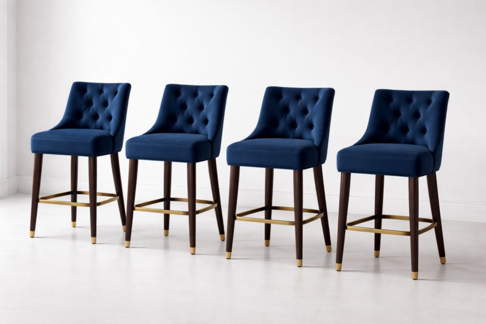 Set of Four Velvet Upholstered Bar Stools with Wood Legs