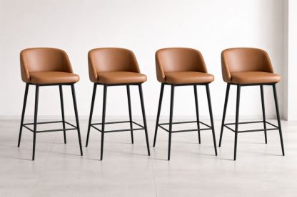 Set of 4 Bar Stools with Tan PU Leather Upholstery and Black Metal Frame