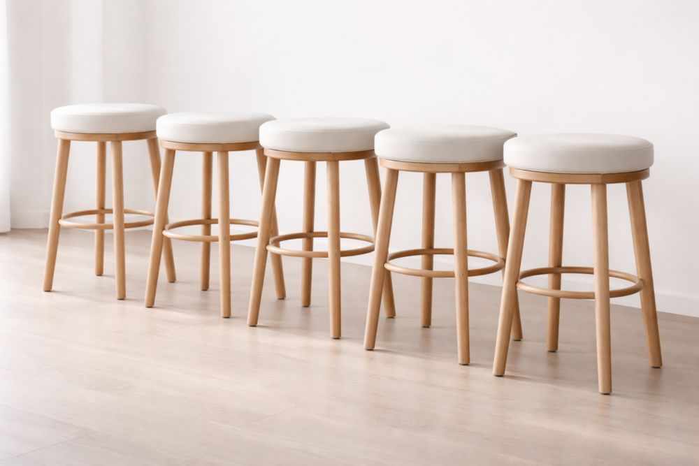 Set of 5 Wooden Bar Stools with Round White Polyester Upholstered Seat