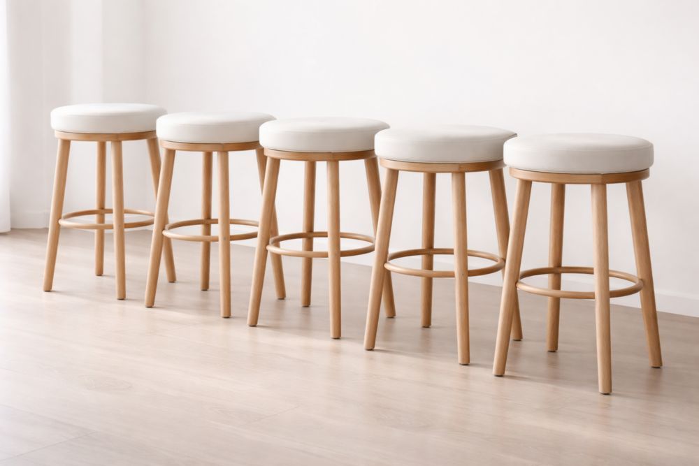 Set of 5 Wooden Bar Stools with Round White Polyester Upholstered Seat