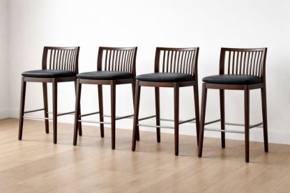 Set of 4 Wooden Bar Stools with Black Faux Leather Seat and Slatted Backrest