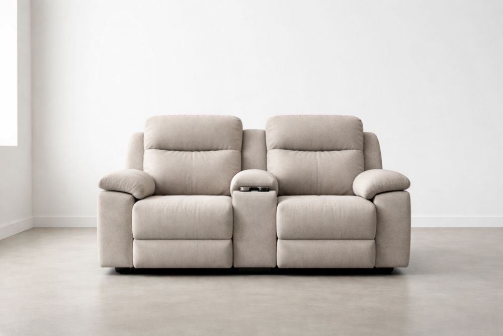 Reclining Two-Seater Sofa Beige Fabric Upholstery with Console and Cup Holders