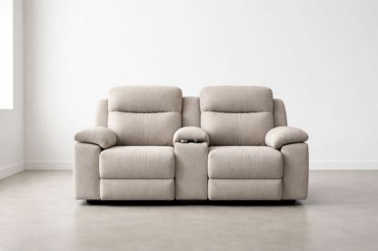 Reclining Two-Seater Sofa Beige Fabric Upholstery with Console and Cup Holders