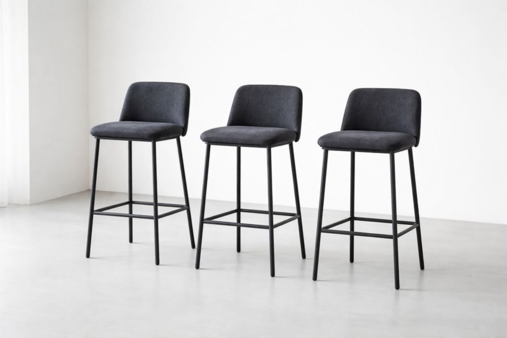 Set of 3 Bar Stools with Fabric Upholstery Metal Base Charcoal