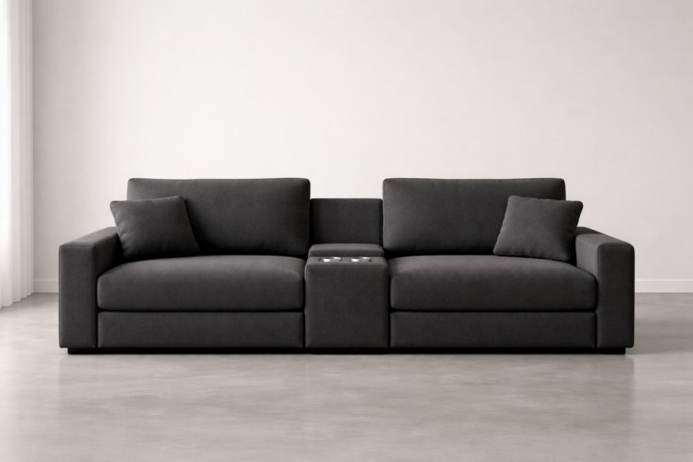 Dark Gray Fabric Sofa with Center Console and Cushions