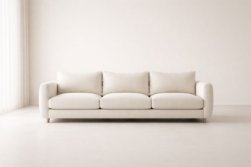 Beige Upholstered Sofa Three Seater with Polyester Fabric and Wooden Legs