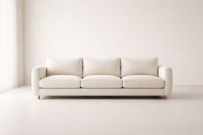 Beige Upholstered Sofa Three Seater with Polyester Fabric and Wooden Legs
