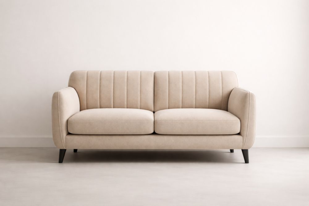 Beige Upholstered Two-Seater Sofa with Black Wooden Legs
