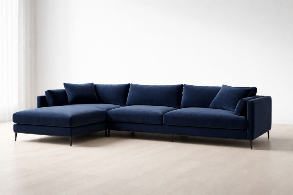L-Shaped Sectional Sofa Navy Velvet Upholstery with Metal Legs