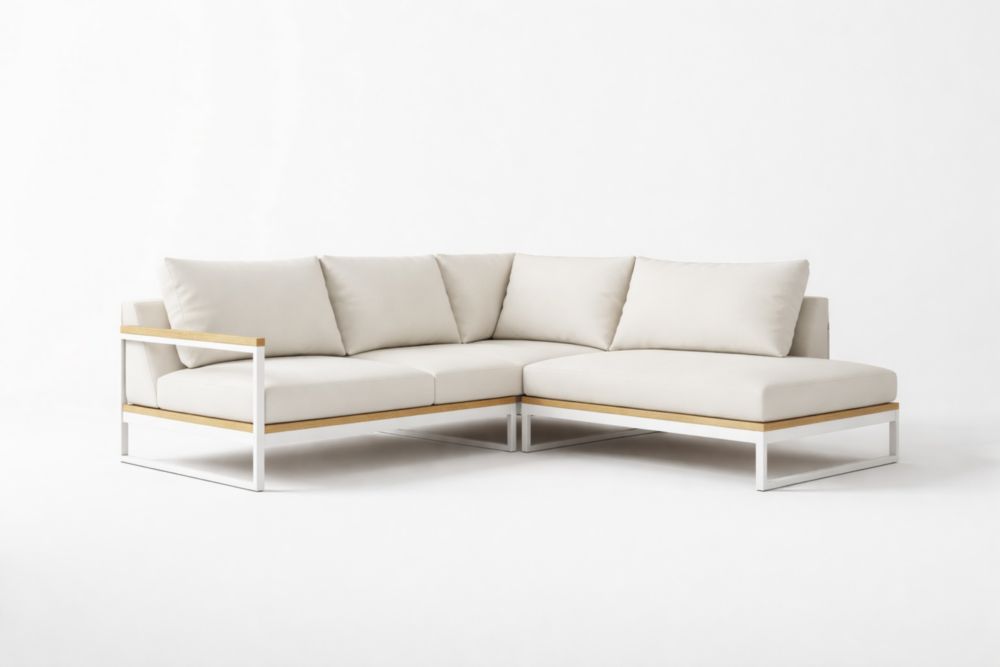 Outdoor L-Shaped Sofa Set Beige Cushions Teak Accents Aluminum Frame