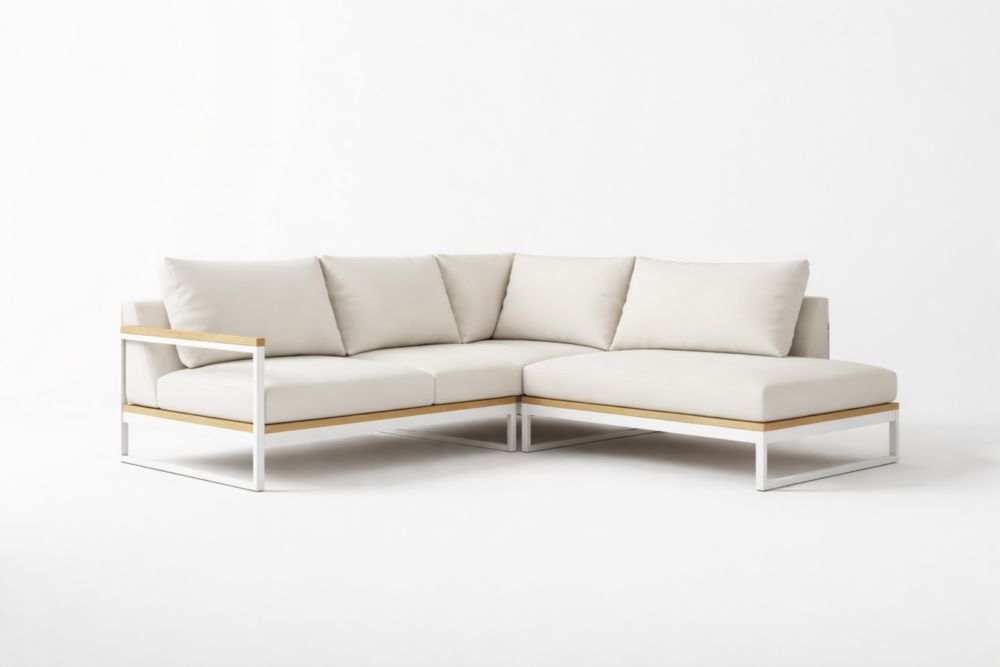 Outdoor L-Shaped Sofa Set Beige Cushions Teak Accents Aluminum Frame