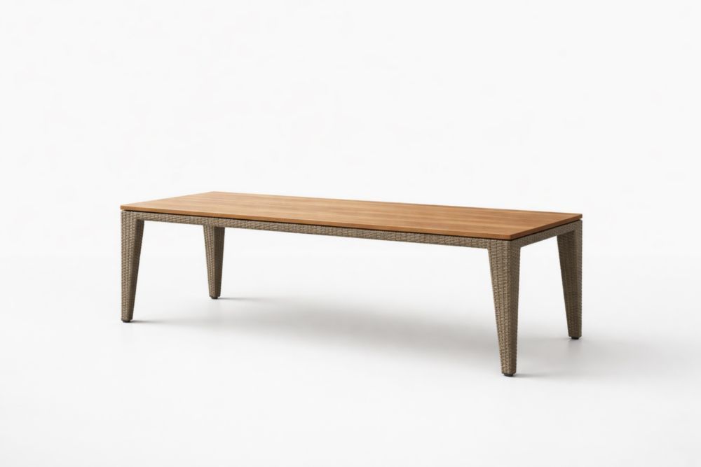 Rectangular Teak Top Table with Woven Synthetic Rattan Legs 200cm