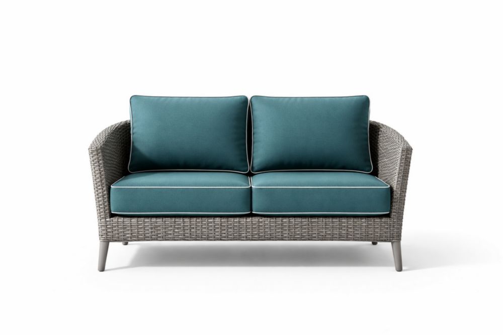 Outdoor Wicker Loveseat with Turquoise Cushions and Grey Frame