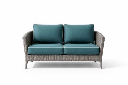 Outdoor Wicker Loveseat with Turquoise Cushions and Grey Frame