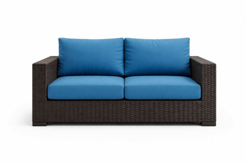 Outdoor Rattan Sofa Blue Cushions 140cm Length