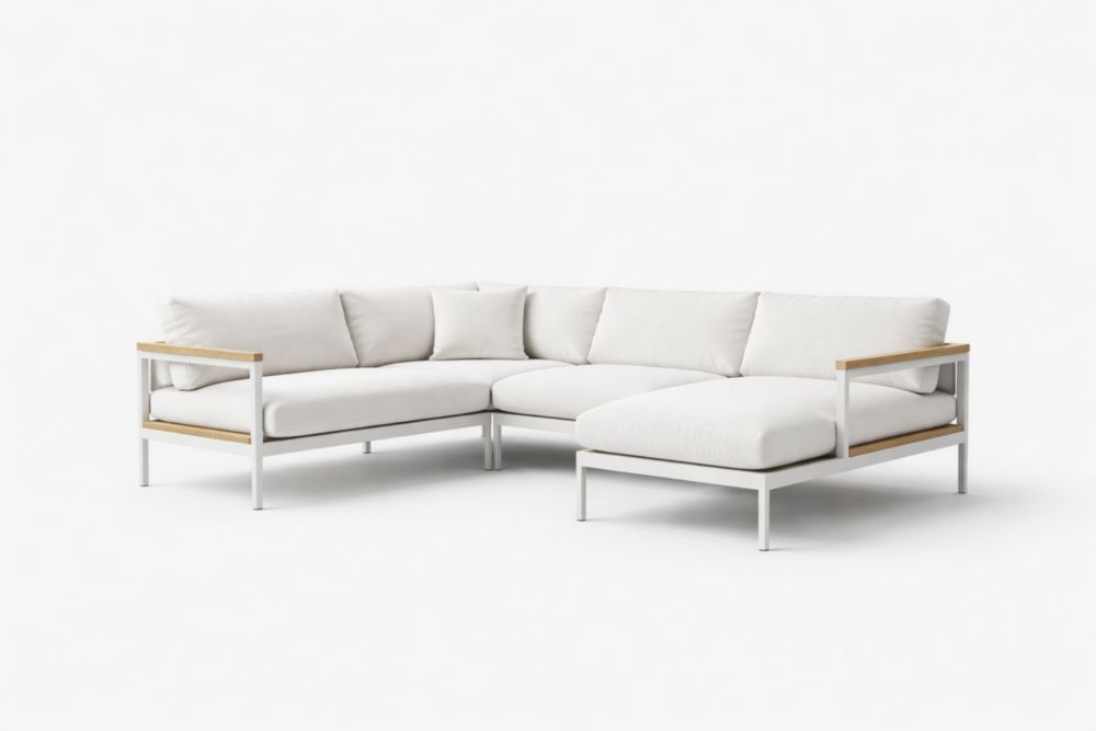 L-Shaped Aluminum and Wood Outdoor Sectional Sofa with White Cushions