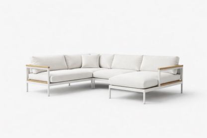 L-Shaped Aluminum and Wood Outdoor Sectional Sofa with White Cushions
