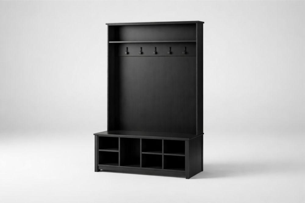 Black Wood Hall Tree with Storage Bench and Hooks