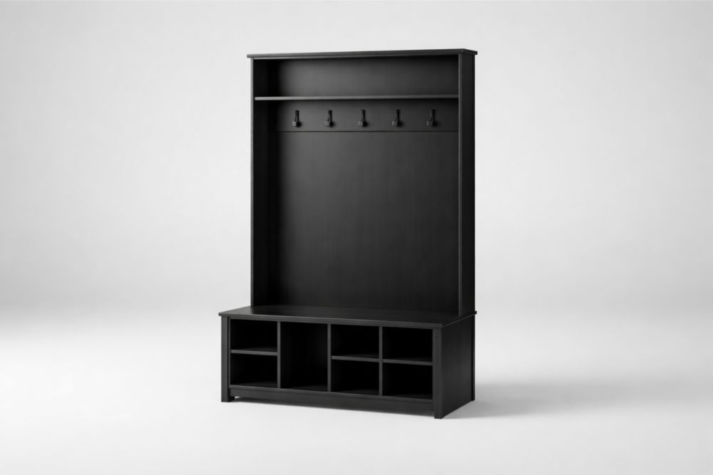 Black Wood Hall Tree with Storage Bench and Hooks