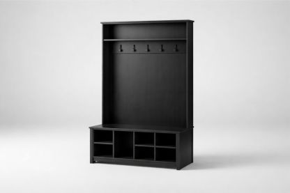 Black Wood Hall Tree with Storage Bench and Hooks