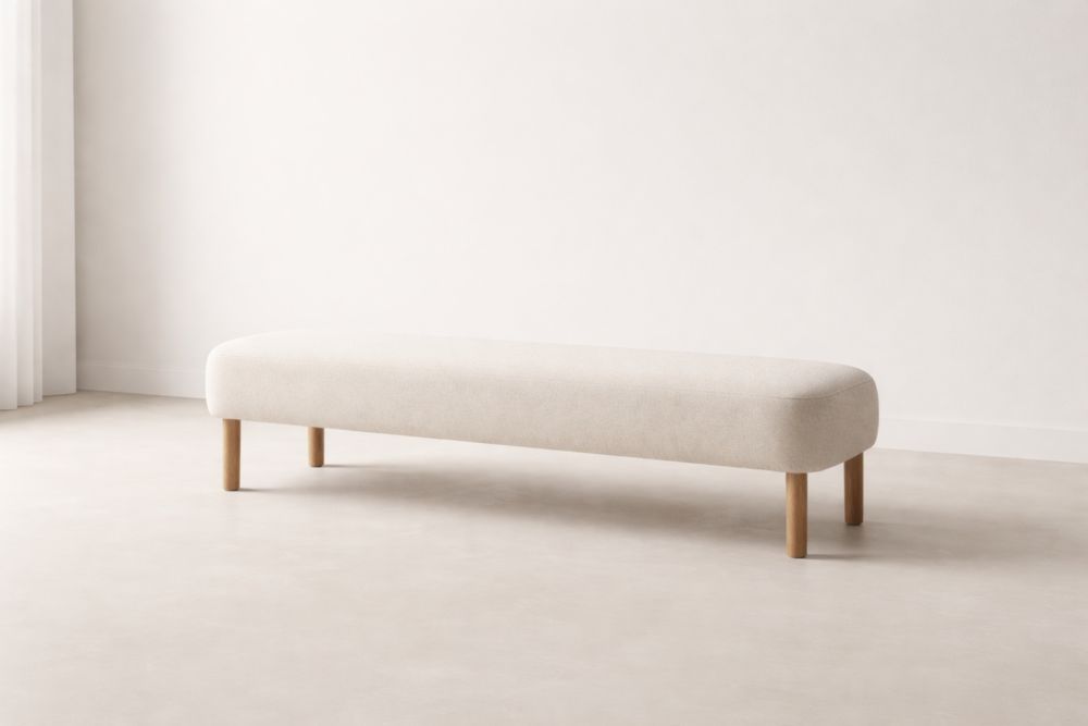 Beige Upholstered Bench with Solid Wood Legs