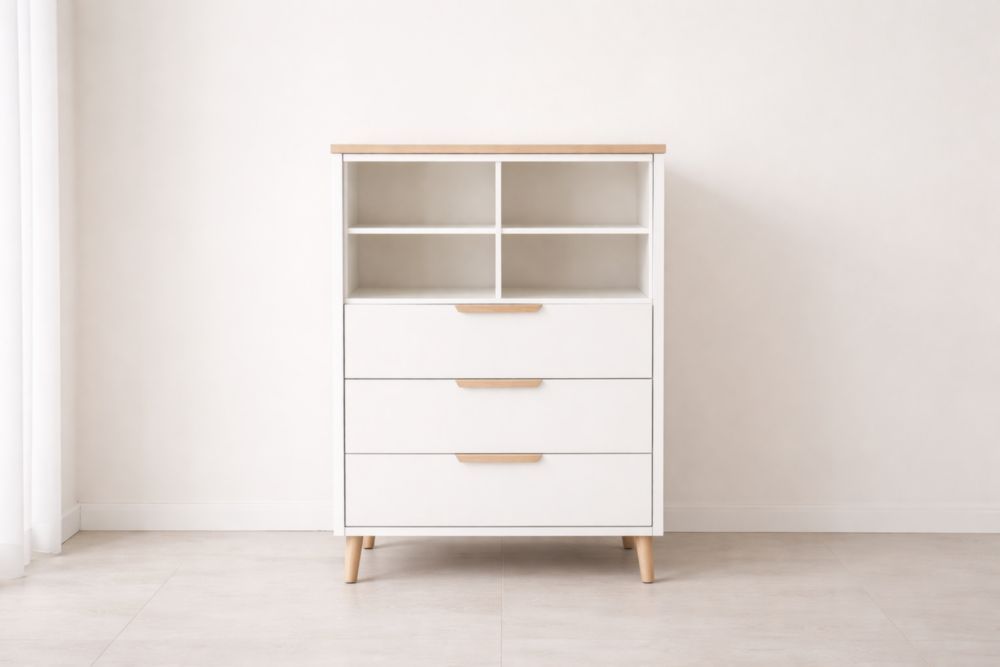 White Wood Storage Cabinet with Open Shelves and Three Drawers