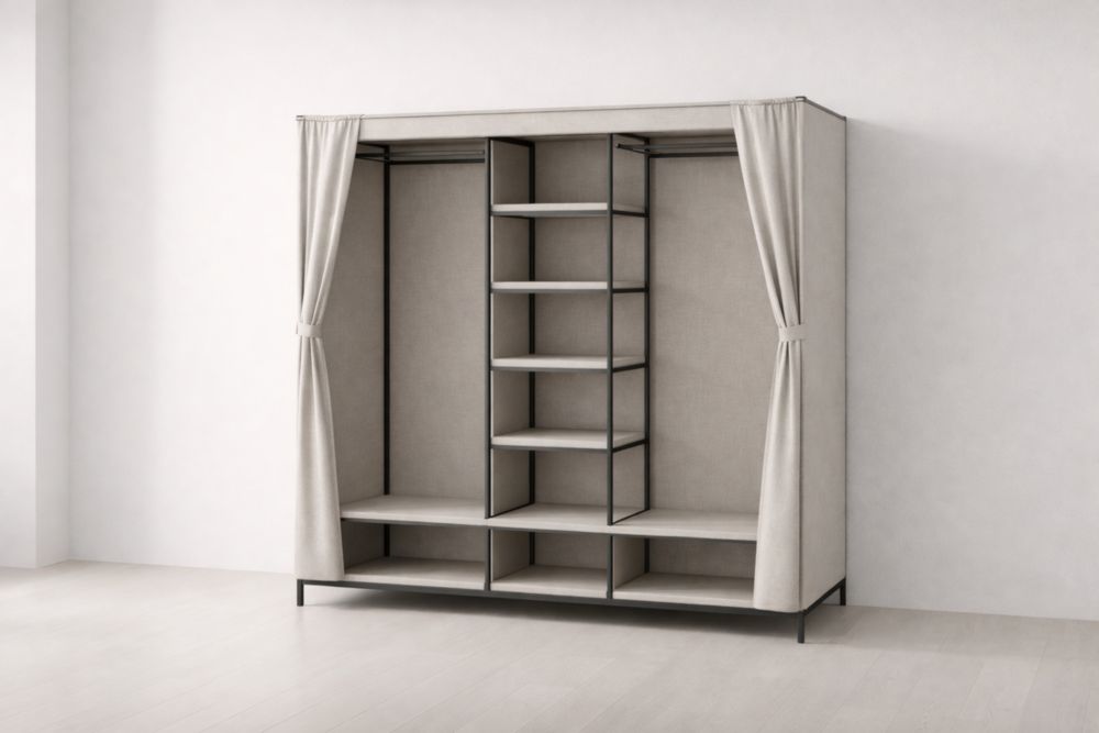 Beige Metal Frame Portable Wardrobe with Fabric Cover and Curtain