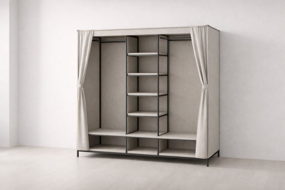 Beige Metal Frame Portable Wardrobe with Fabric Cover and Curtain