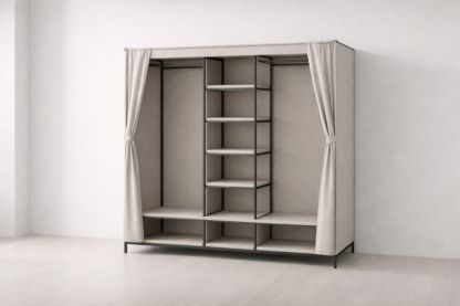 Beige Metal Frame Portable Wardrobe with Fabric Cover and Curtain