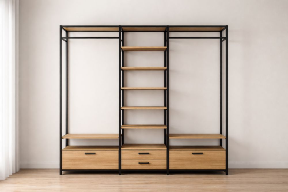 Metal Frame Open Wardrobe with Wood Shelves and Drawers