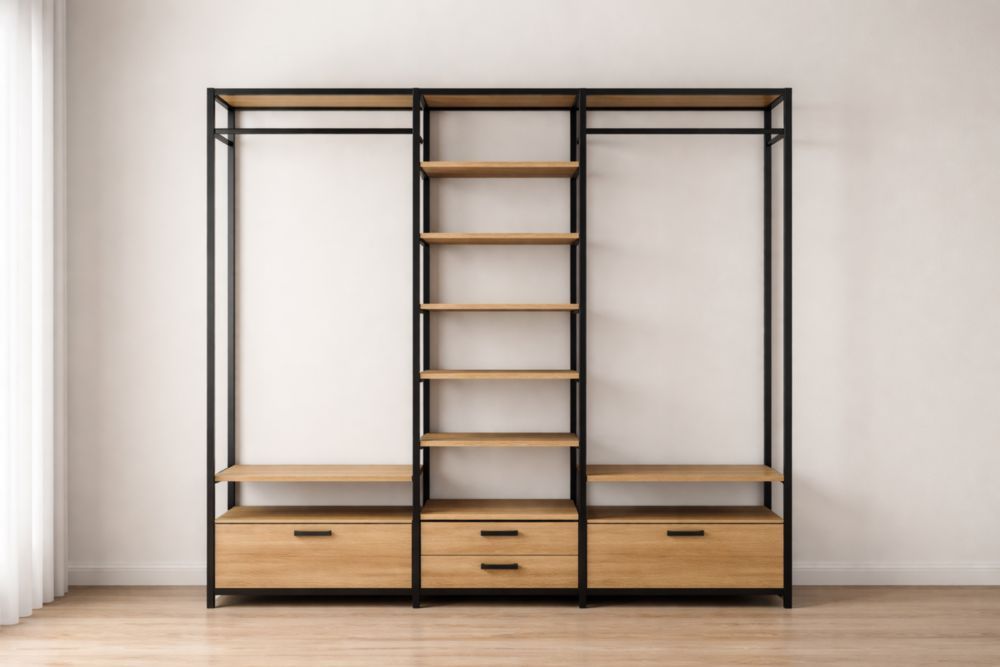 Metal Frame Open Wardrobe with Wood Shelves and Drawers